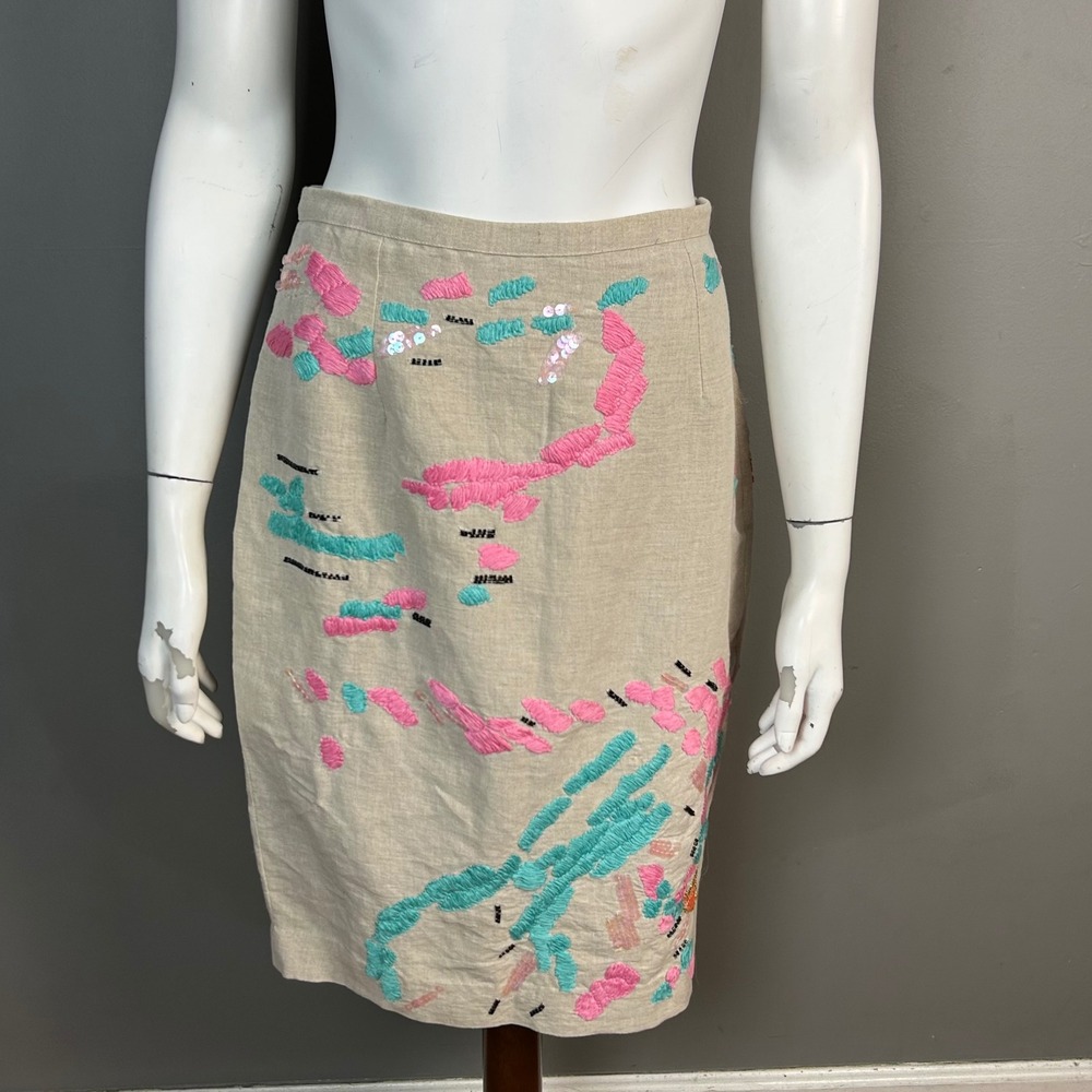 Tracy Reese Anthropologie Pencil Skirt size 4 whimsical beaded Linen Embroidered